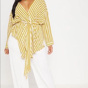 PrettyLittleThing Plus Chartreuse Striped Woven Tie Waist Blouse